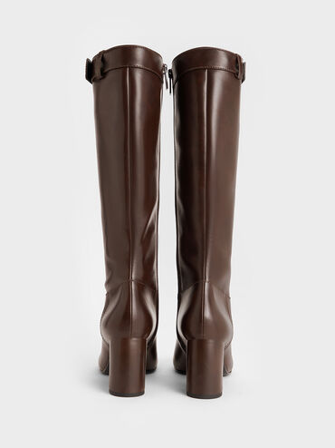 Block-Heel Knee-High Biker Boots, Dark Brown, hi-res