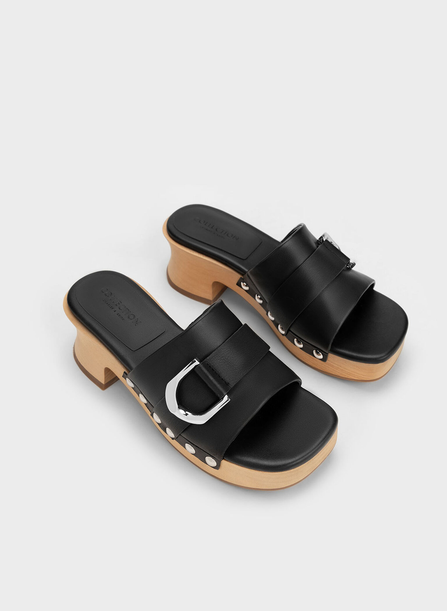 Gabine Studded Leather Clogs, Black, hi-res