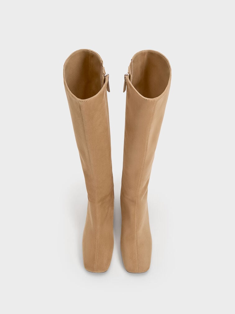Faux Suede Square-Toe Side-Zip Knee-High Boots, Sand, hi-res