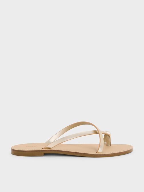Metallic Asymmetric Strappy Toe-Ring Sandals, Light Gold, hi-res
