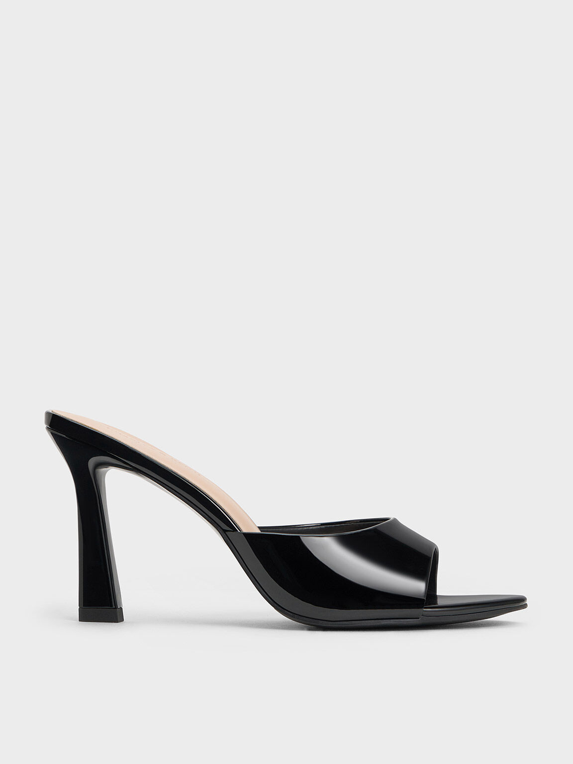 Patent Open Toe Heeled Mules Black Patent