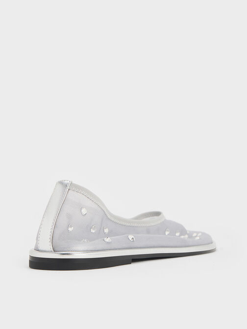 Mesh Gem-Embellished Ballet Flats, Silver, hi-res