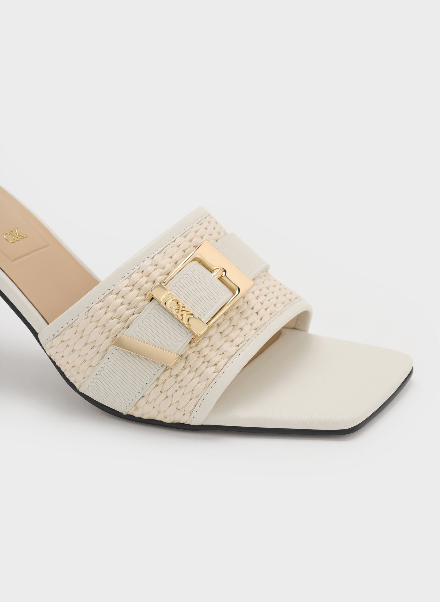 Whitney Leather & Raffia Buckled Heeled Mules, White, hi-res
