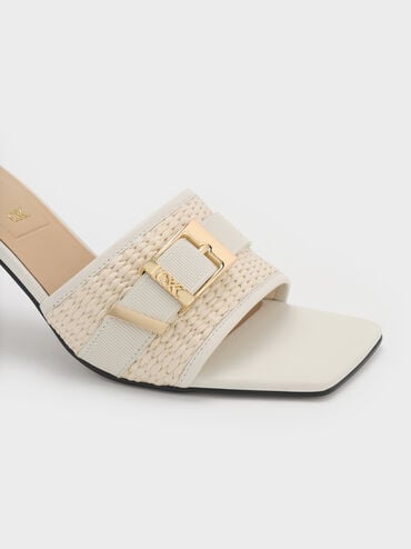Whitney Leather & Raffia Buckled Heeled Mules, White, hi-res