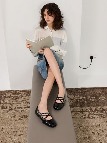 Patent Triple-Strap Crossover Mary Jane Flats, Black Patent, hi-res