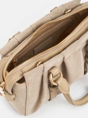Britton Recycled Suede Ruched Top Handle Tote Bag, Nutmeg Beige, hi-res