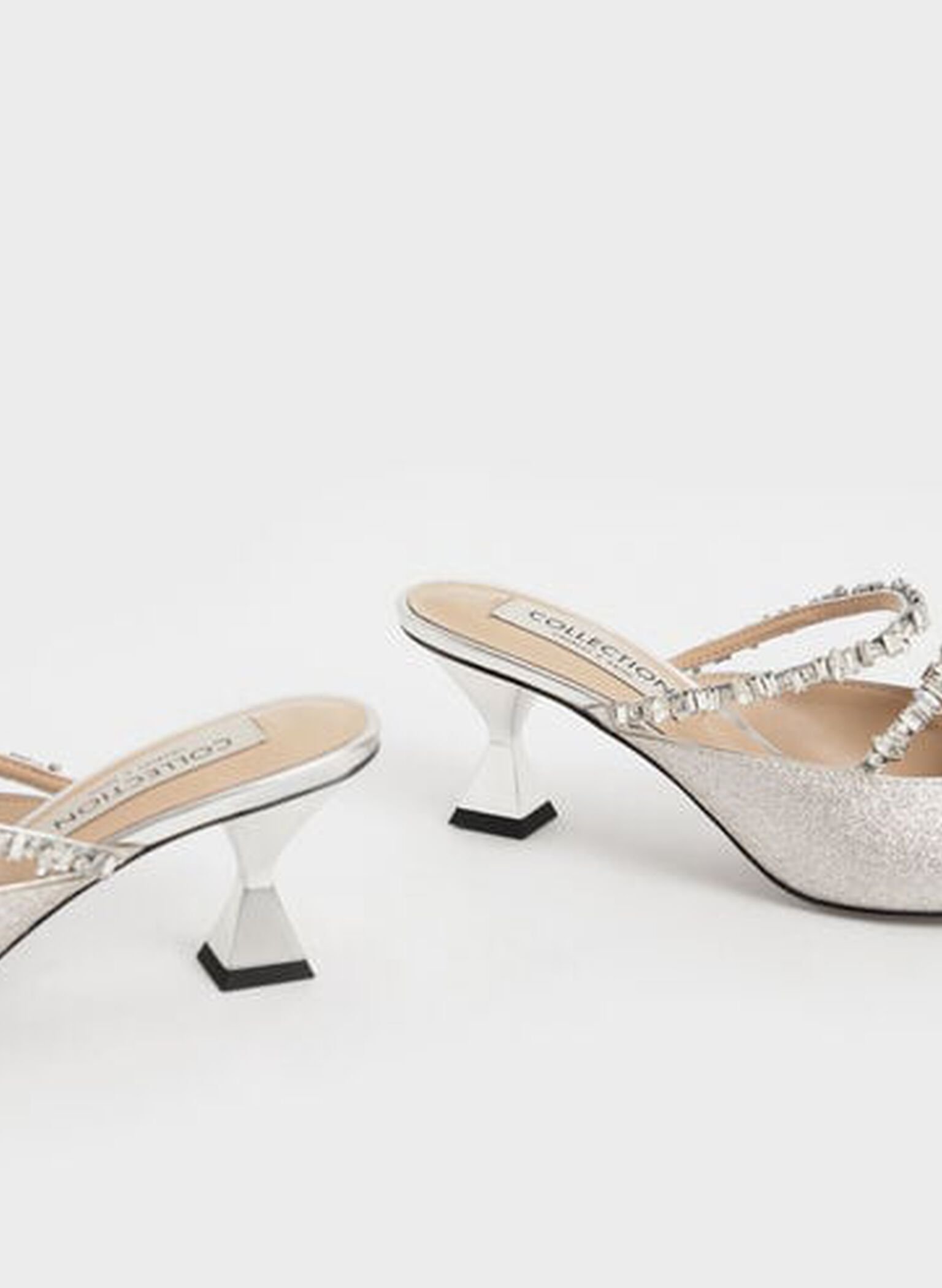 Wedding Collection: Gem-Encrusted Metallic Glittered Mules, Silver, hi-res