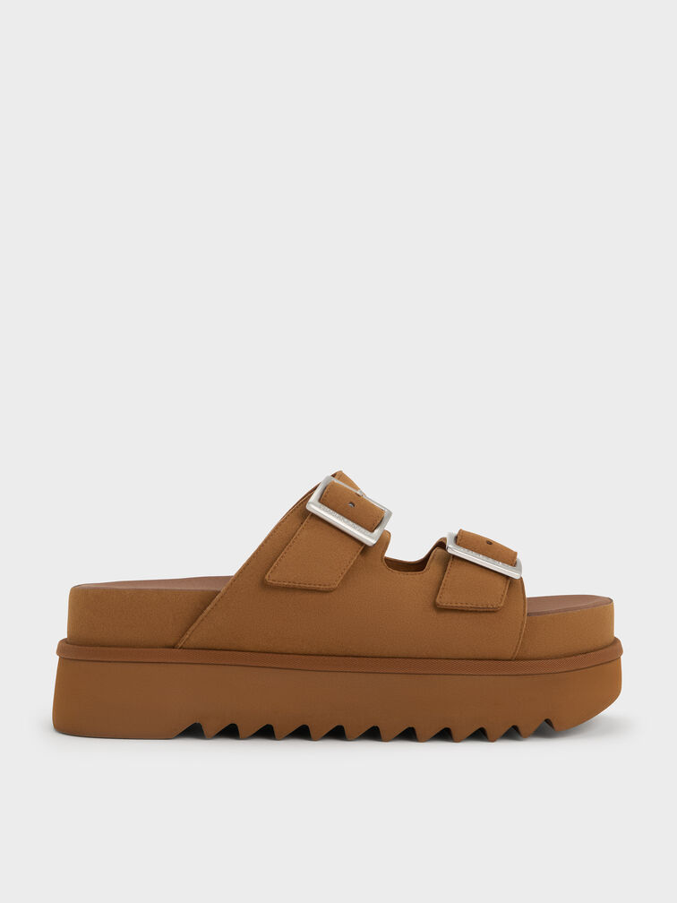 Buckled Double-Strap Flatform Sandals, Brown, hi-res