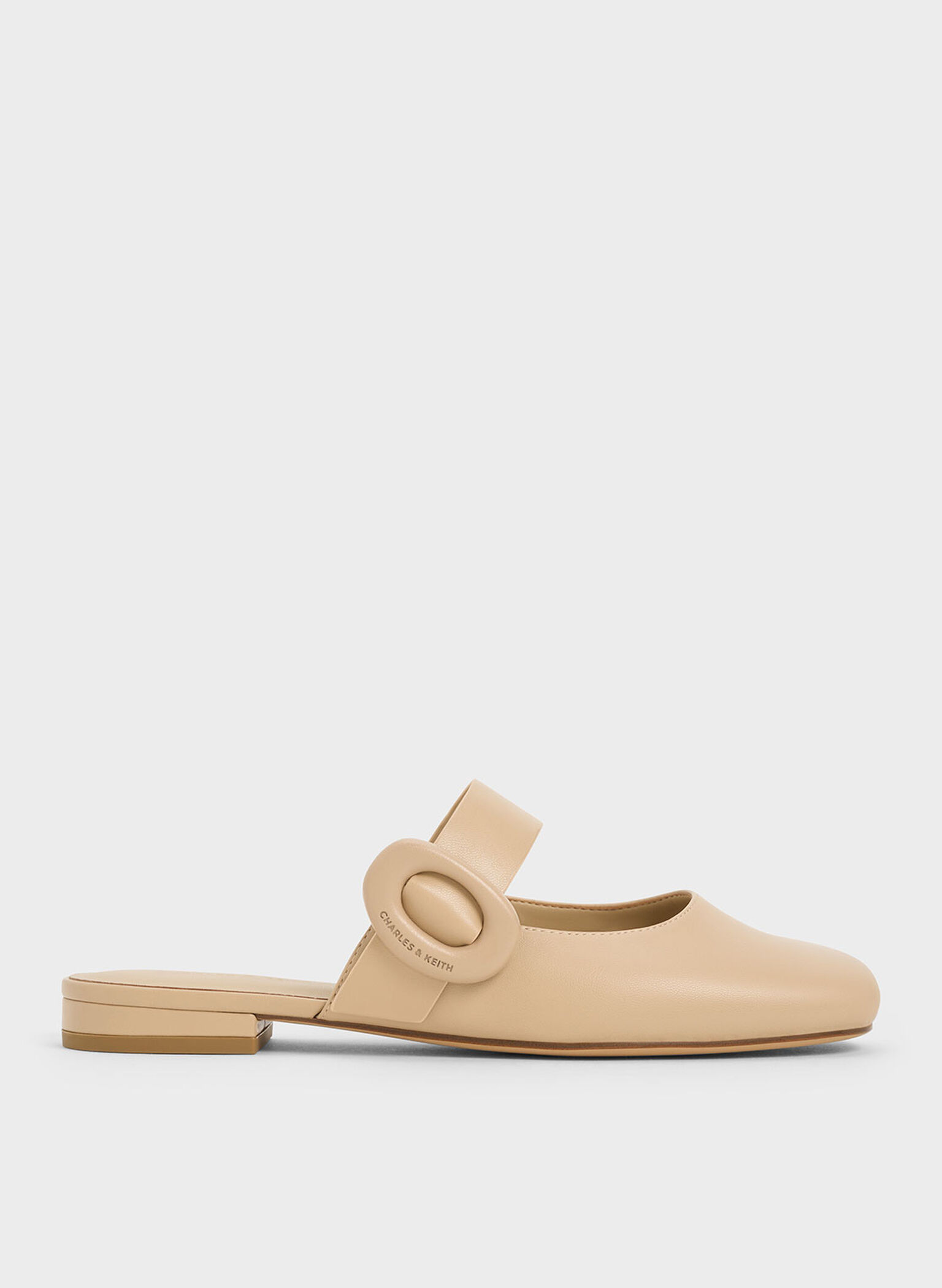 Oval-Buckle Flat Mules, Beige, hi-res