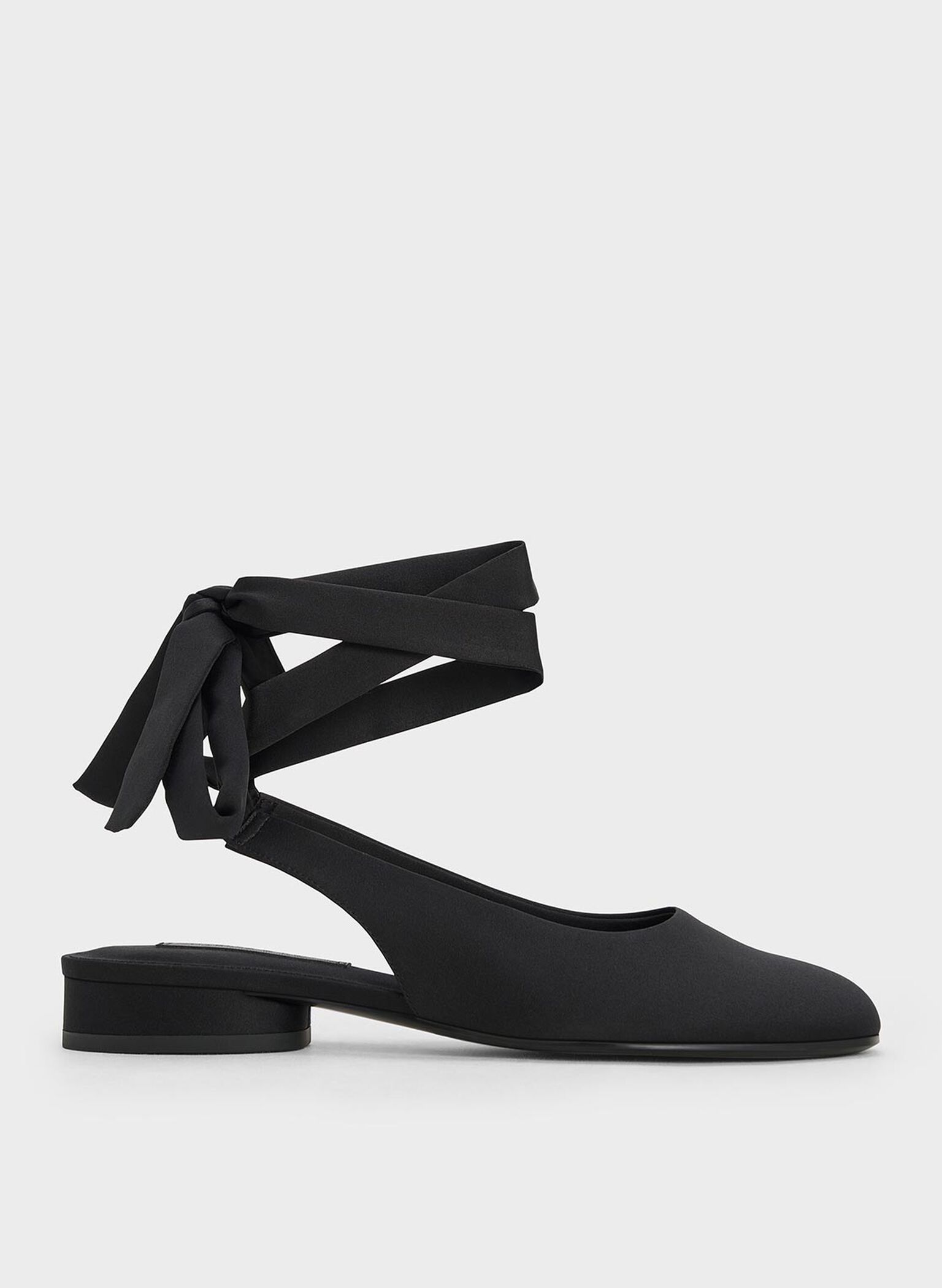 Satin Tie-Around Ballet Flats, Black Textured, hi-res