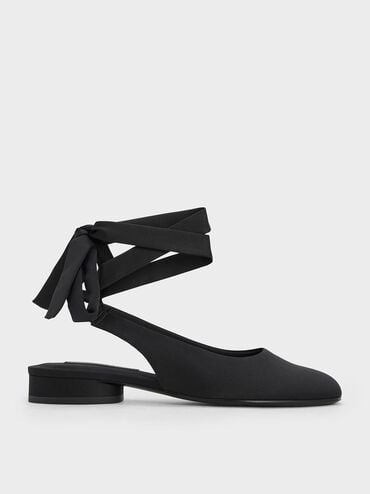 Satin Tie-Around Ballet Flats, Black Textured, hi-res