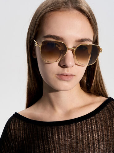 Crystal-Embellished Metal-Rim Butterfly Sunglasses, Gold, hi-res