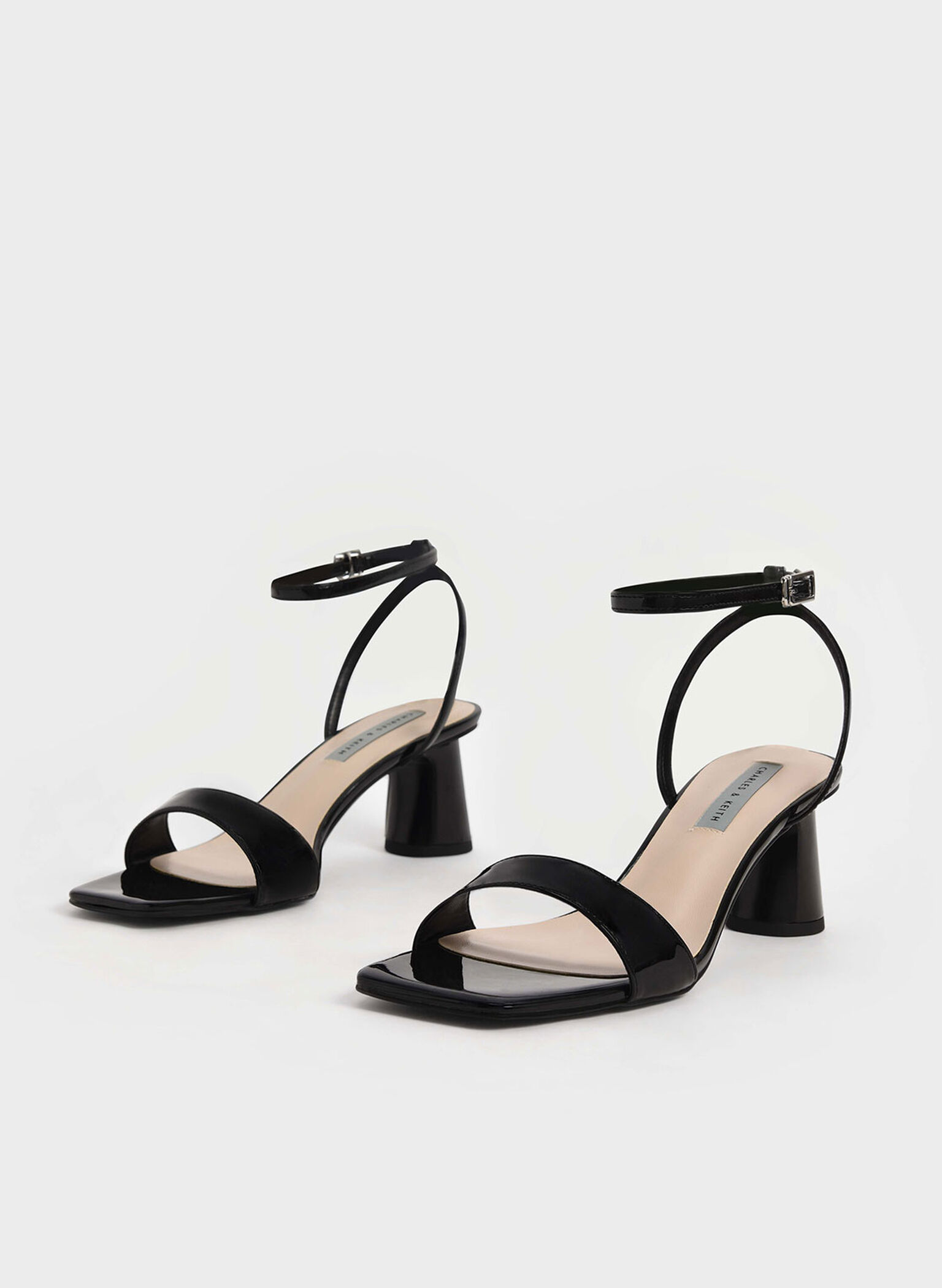 Patent Ankle-Strap Cylindrical Heel Sandals, Black, hi-res
