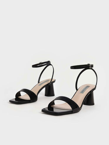 Patent Ankle-Strap Cylindrical Heel Sandals, Black, hi-res