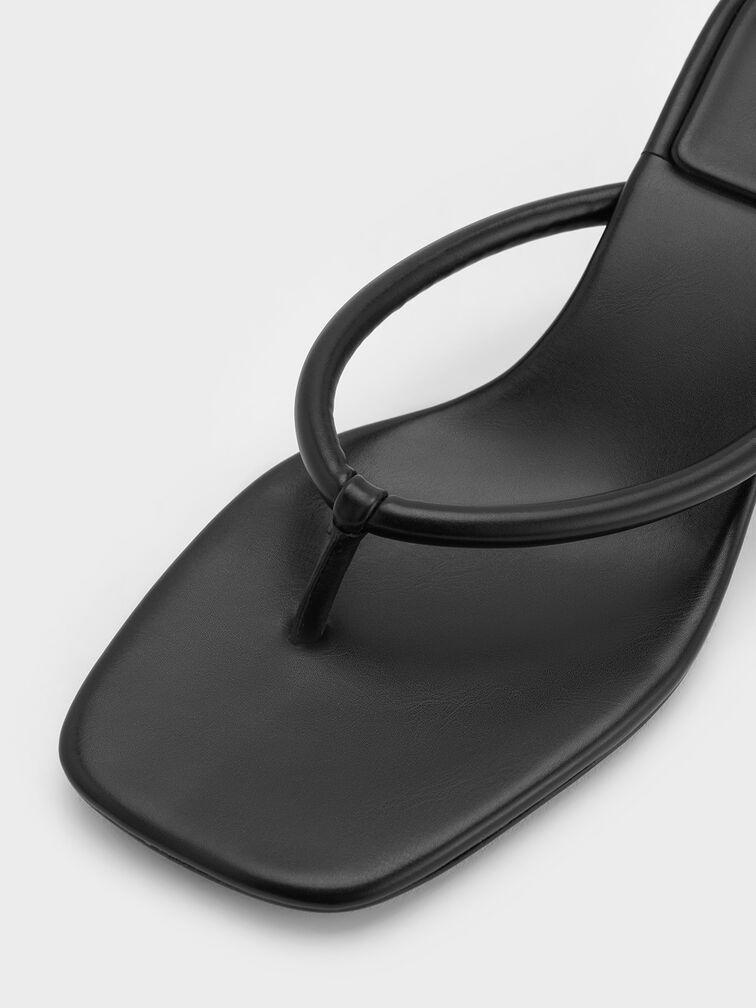 Square-Toe Kitten-Heel Thong Sandals, Black, hi-res