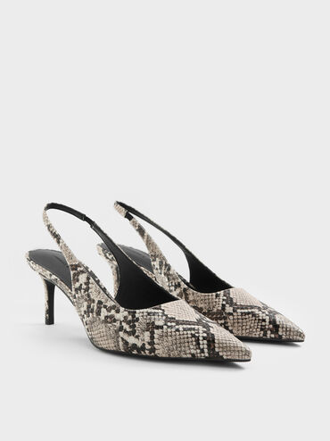 Kaia Snake-Print Pointed-Toe Slingback Pumps, Animal Print Natural, hi-res