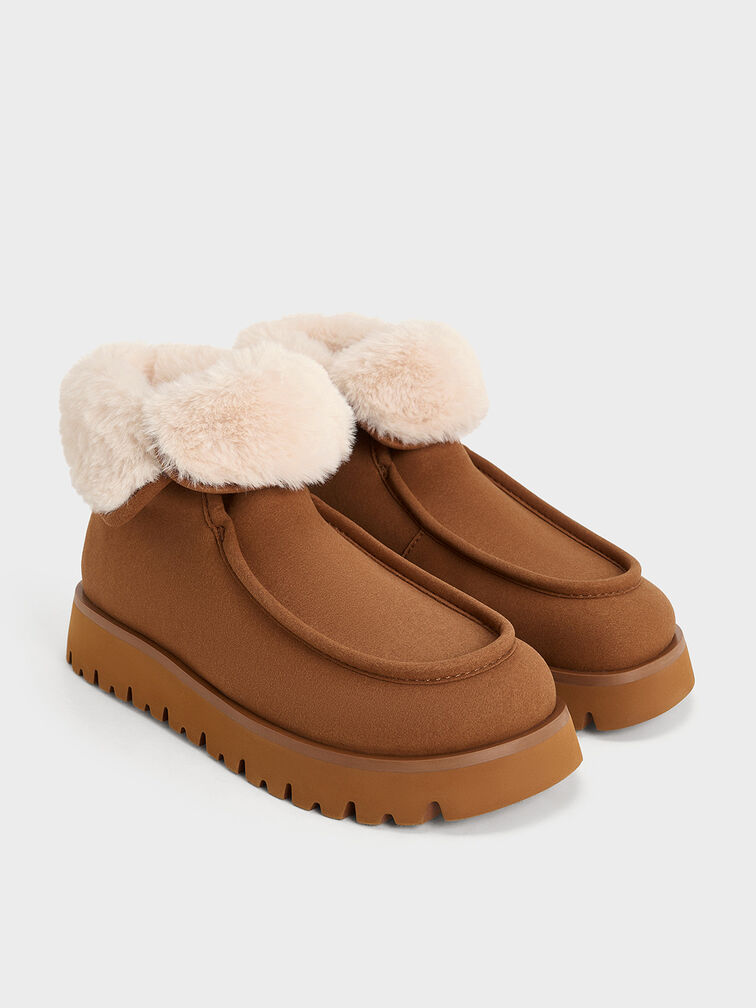 Textured Fur-Lined Ridged-Sole Ankle Boots, Brown, hi-res