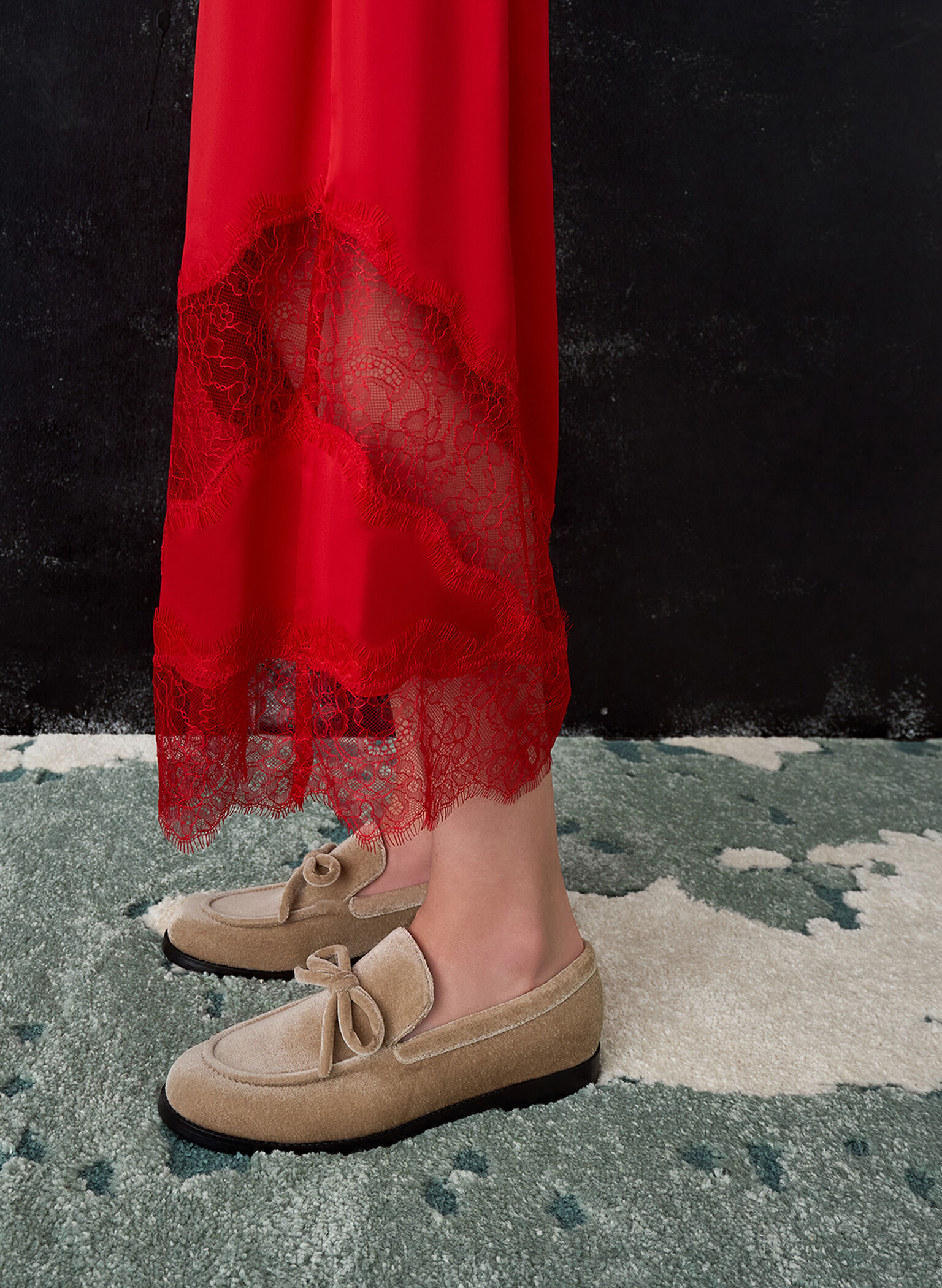 Velvet Bow Loafers, Beige, hi-res