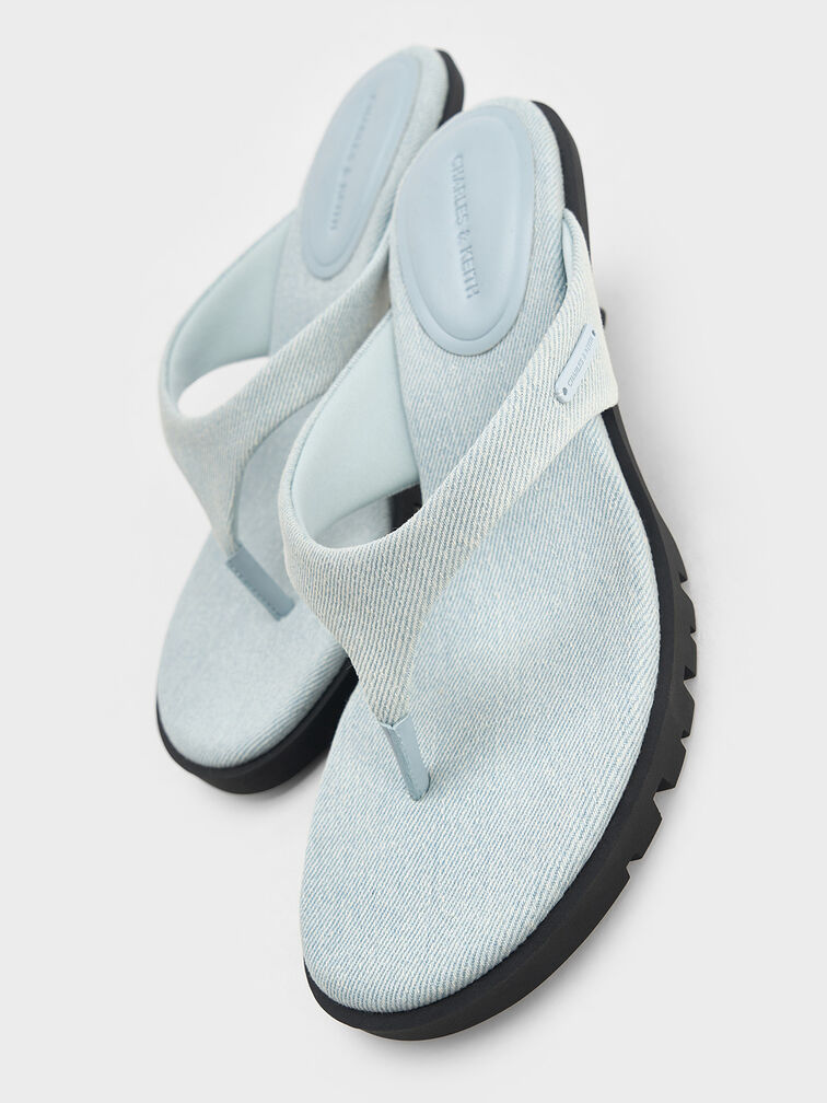 Denim V-Strap Slant-Heel Thong Mules, Light Blue, hi-res