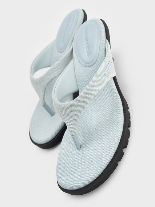 Denim V-Strap Slant-Heel Thong Mules, Light Blue, hi-res