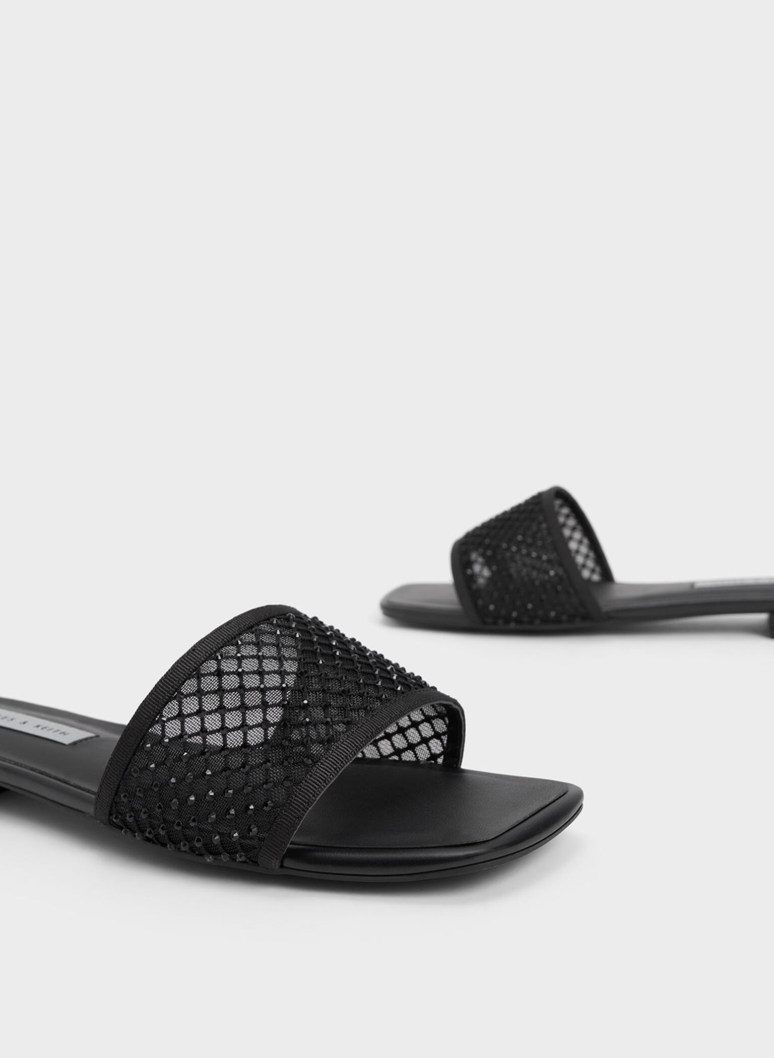 Gem-Encrusted Mesh Slide Sandals, Black, hi-res