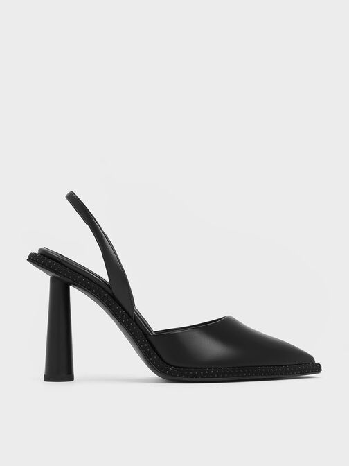 Crystal-Embellished Pointed-Toe Slingback Pumps, Black, hi-res