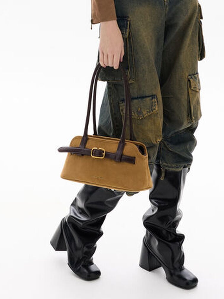Victoria Recycled Suede Belted Elongated Shoulder Bag, Sahara Sand, hi-res