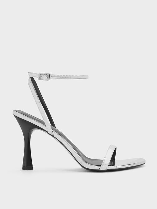 Metallic Cap Ankle-Strap Heeled Sandals, Silver, hi-res
