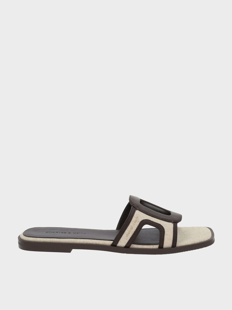 Easley Linen Cut-Out Slide Sandals, Dark Brown, hi-res