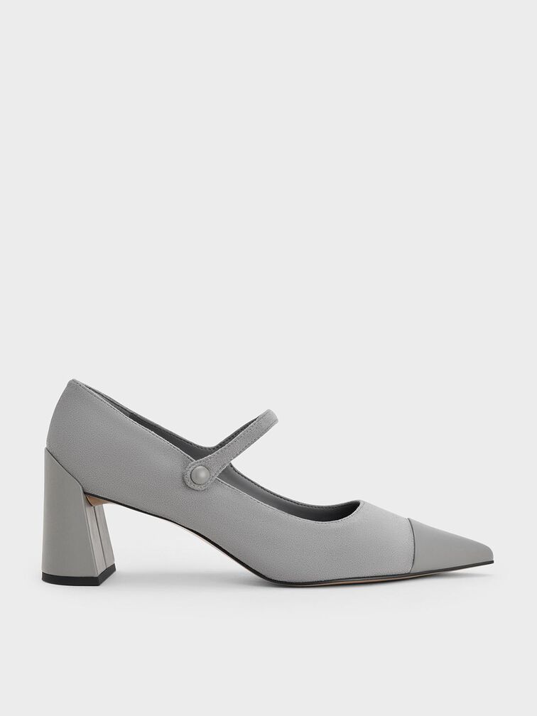 Faux Suede Cap-Toe Pointed Mary Jane Pumps, Grey, hi-res