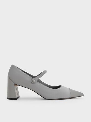 Faux Suede Cap-Toe Pointed Mary Jane Pumps, Grey, hi-res