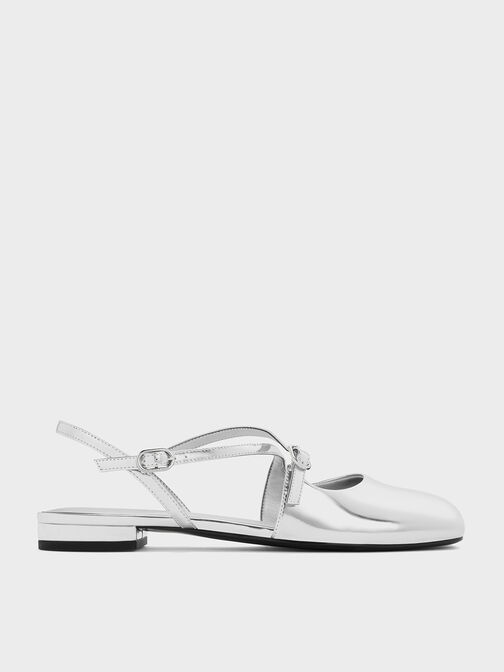Metallic Crossover Buckled Slingback Flats, Silver, hi-res