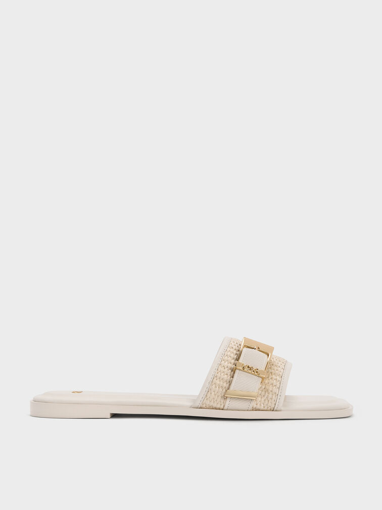 Whitney Leather & Raffia Buckled Slide Sandals, White, hi-res