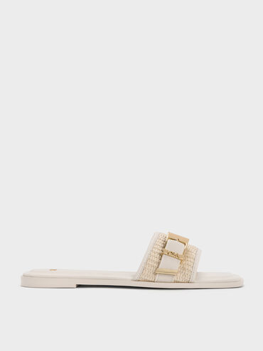 Whitney Leather & Raffia Buckled Slide Sandals, White, hi-res