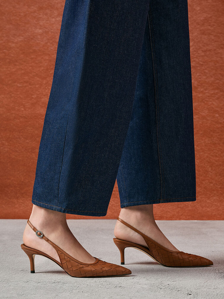Woven Pointed-Toe Slingback Pumps, Brown, hi-res