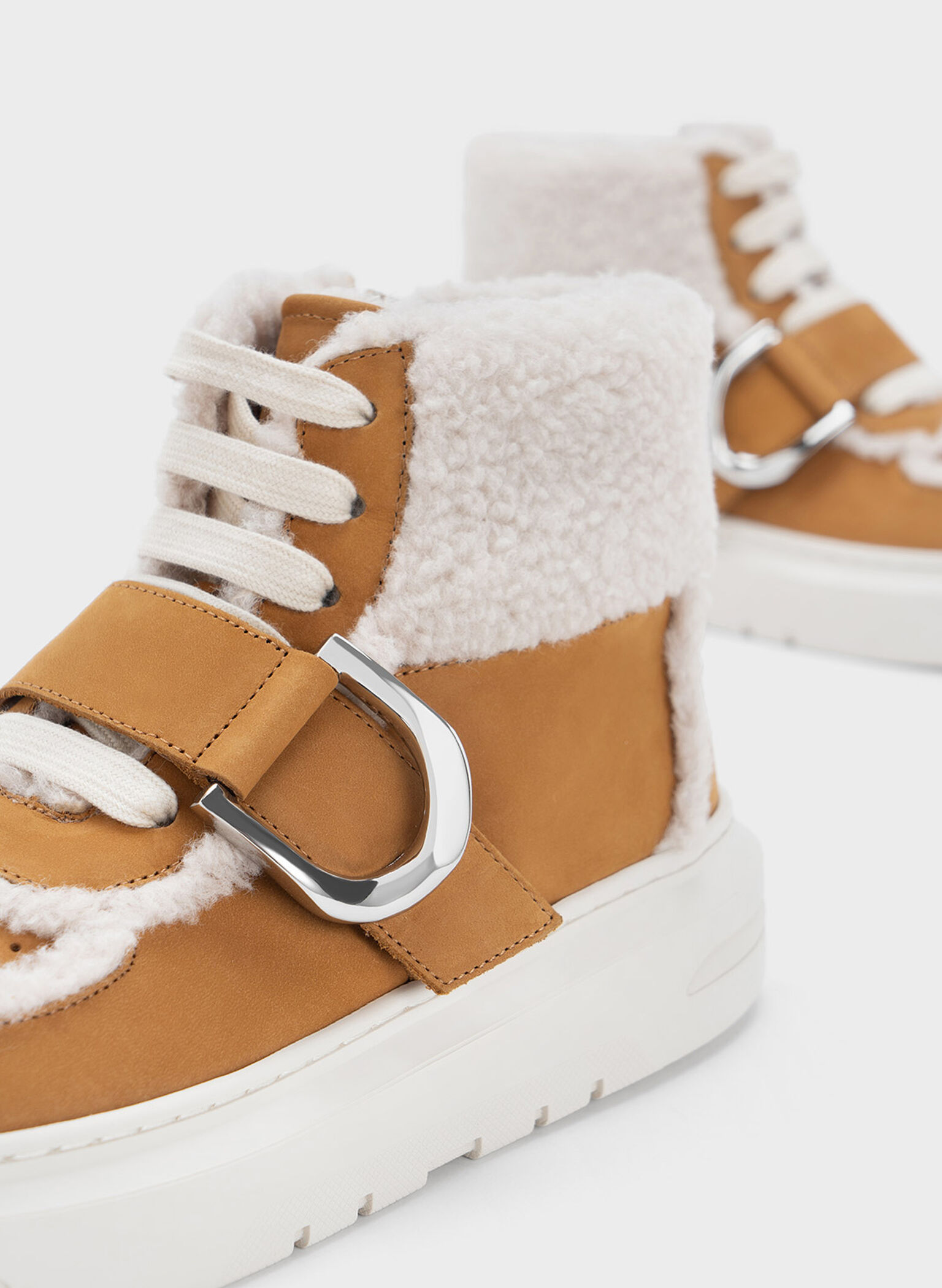 Gabine Leather Fur-Lined High-Top Sneakers, Brown, hi-res