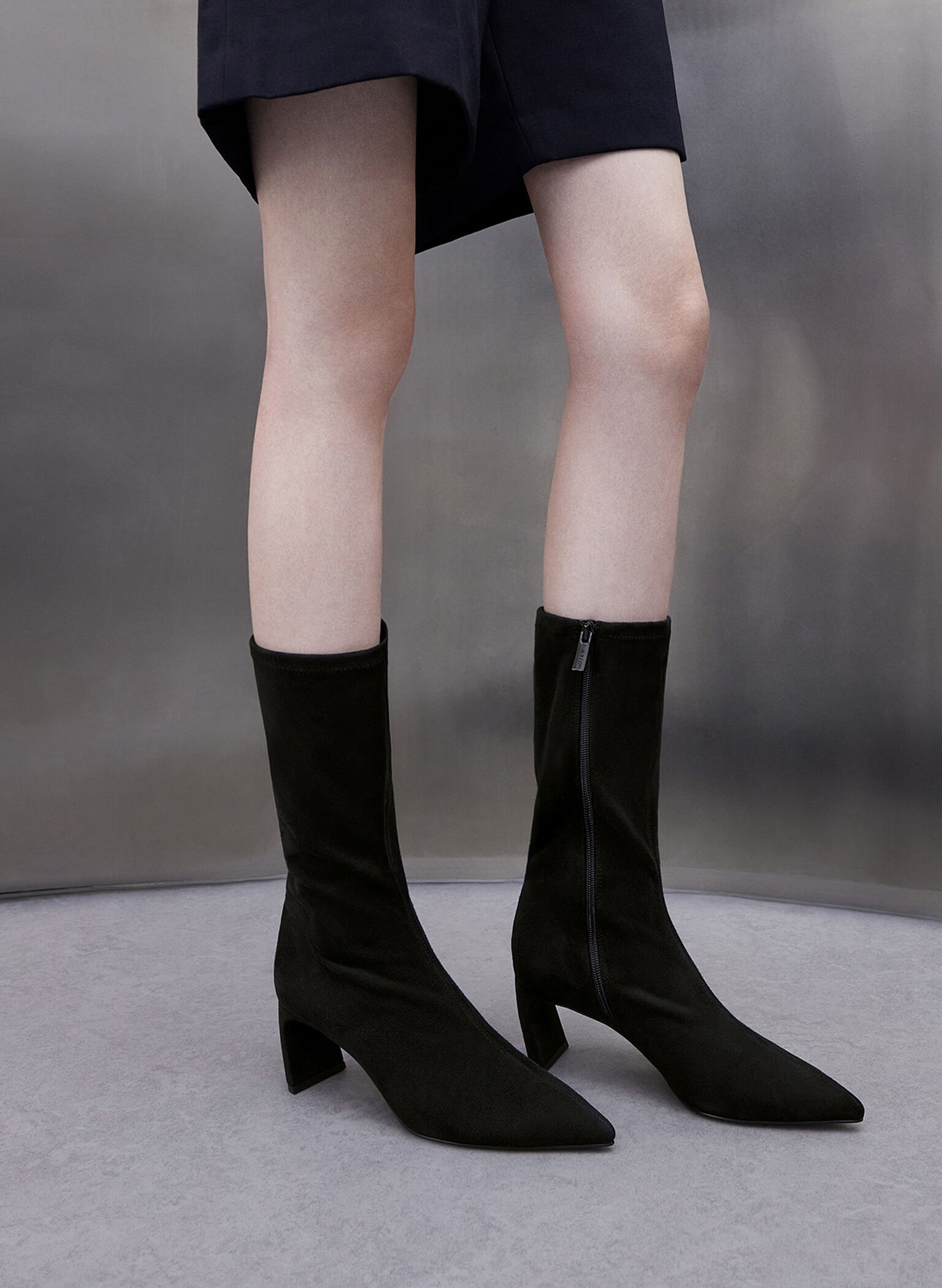 Faux Suede Blade-Heel Pointed-Toe Calf Boots, Black Textured, hi-res