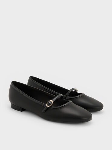 Contrast-Trim Buckle-Strap Mary Janes, Black, hi-res
