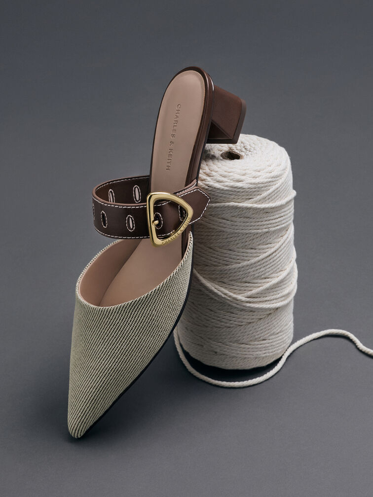 Sepphe Twill Cut-Out Heeled Mules, Brown, hi-res