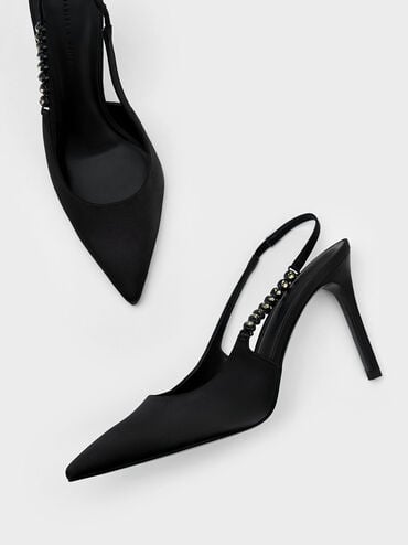 Flores Recycled Polyester Gem-Strap Slingback Pumps, Black, hi-res
