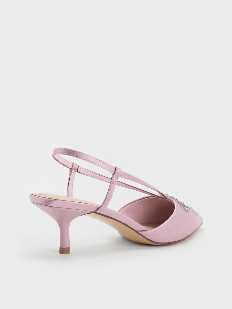 Recycled Polyester Crystal-Bow Kitten-Heel Slingback Pumps, Lilac, hi-res