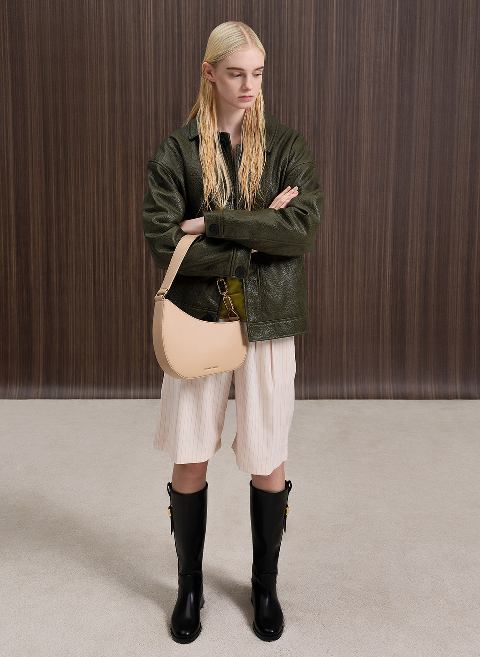 Agatha Chain-Accent Shoulder Bag, Beige, hi-res