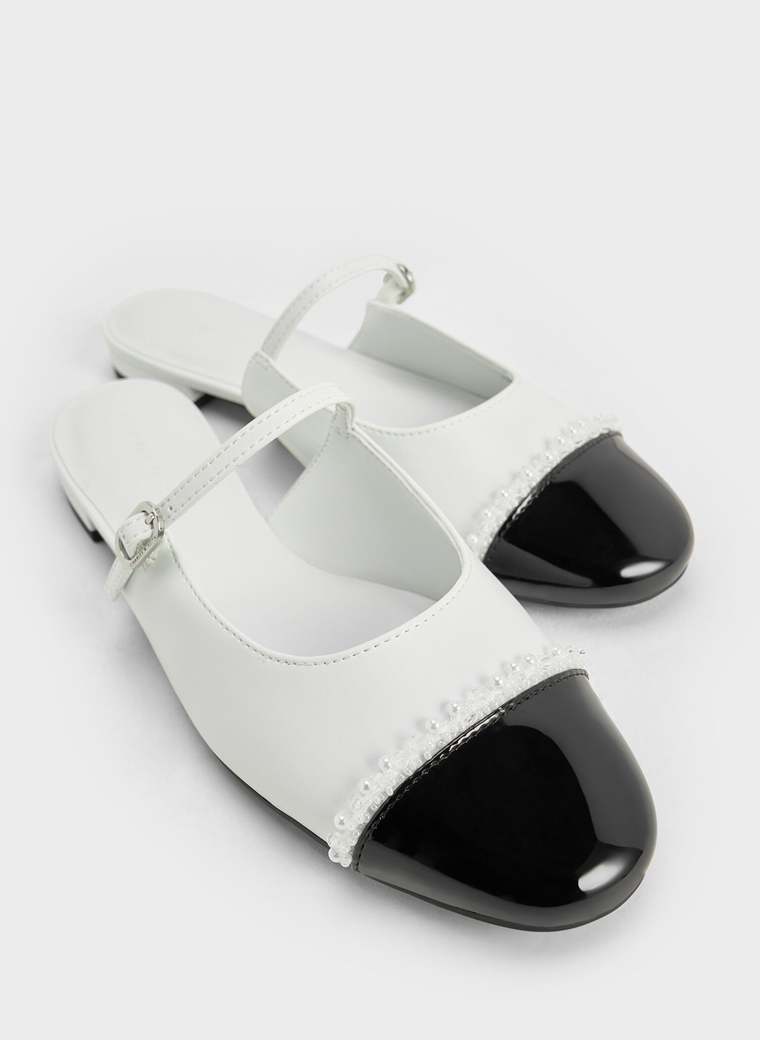 Pearl-Embellished Cap-Toe Flat Mules, White, hi-res
