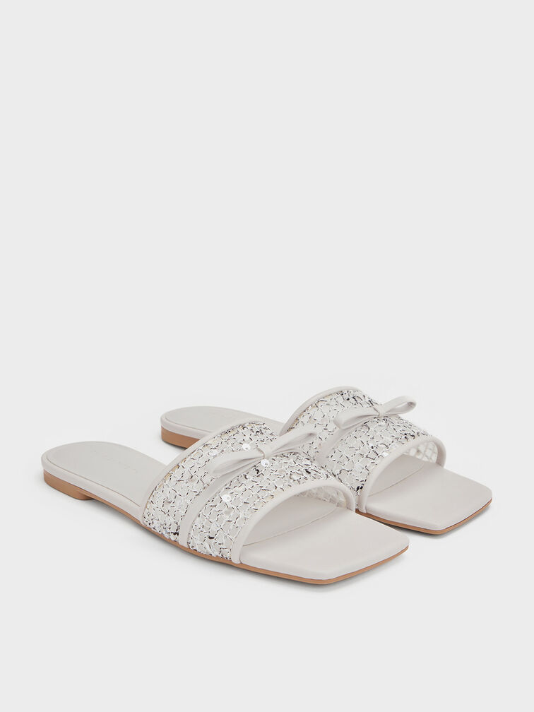 Mesh Sequinned Bow Slide Sandals, Multi, hi-res