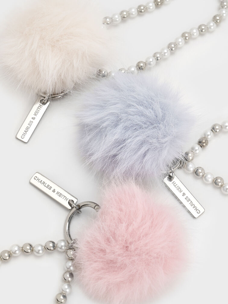 Pearl Beaded-Strap Furry Ball Charm, Cream, hi-res