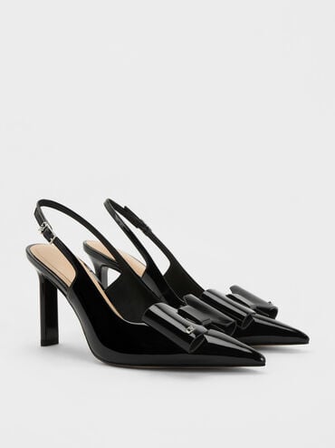 Lu Patent Leather Bow Blade-Heel Slingback Pumps, Black Patent, hi-res