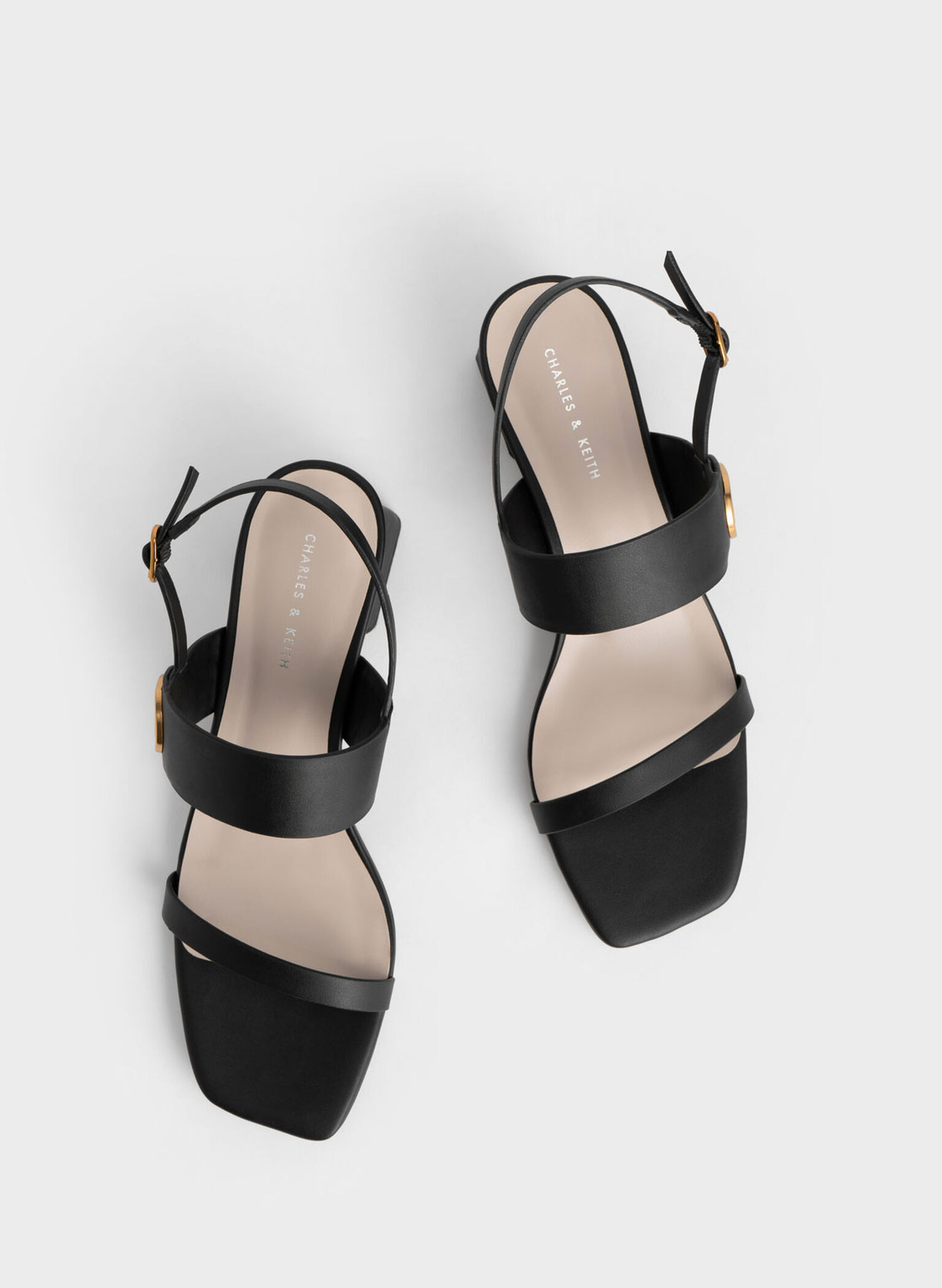 Metallic Accent Trapeze Heel Sandals, Black, hi-res