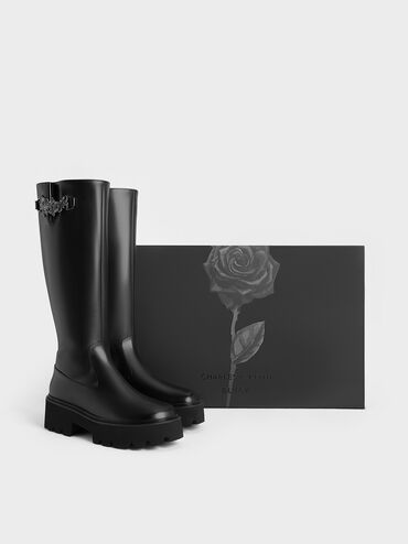 Imogen Rose-Motif Chunky Knee-High Boots, Black, hi-res