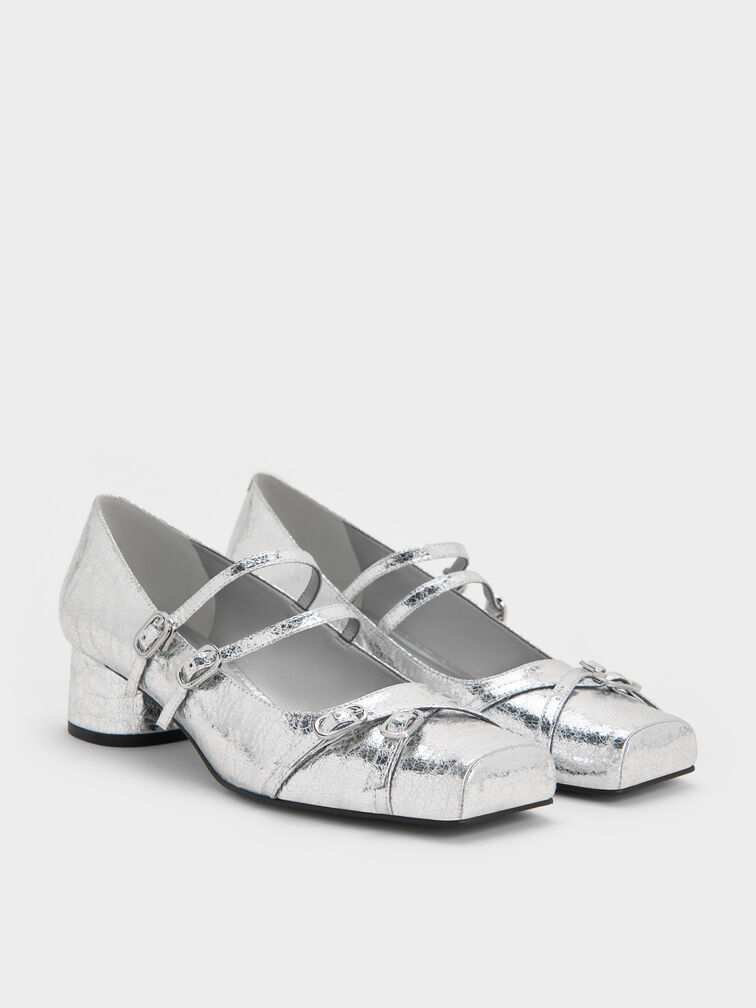 Metallic Crinkle-Effect Double-Strap Mary Jane Pumps, Silver, hi-res