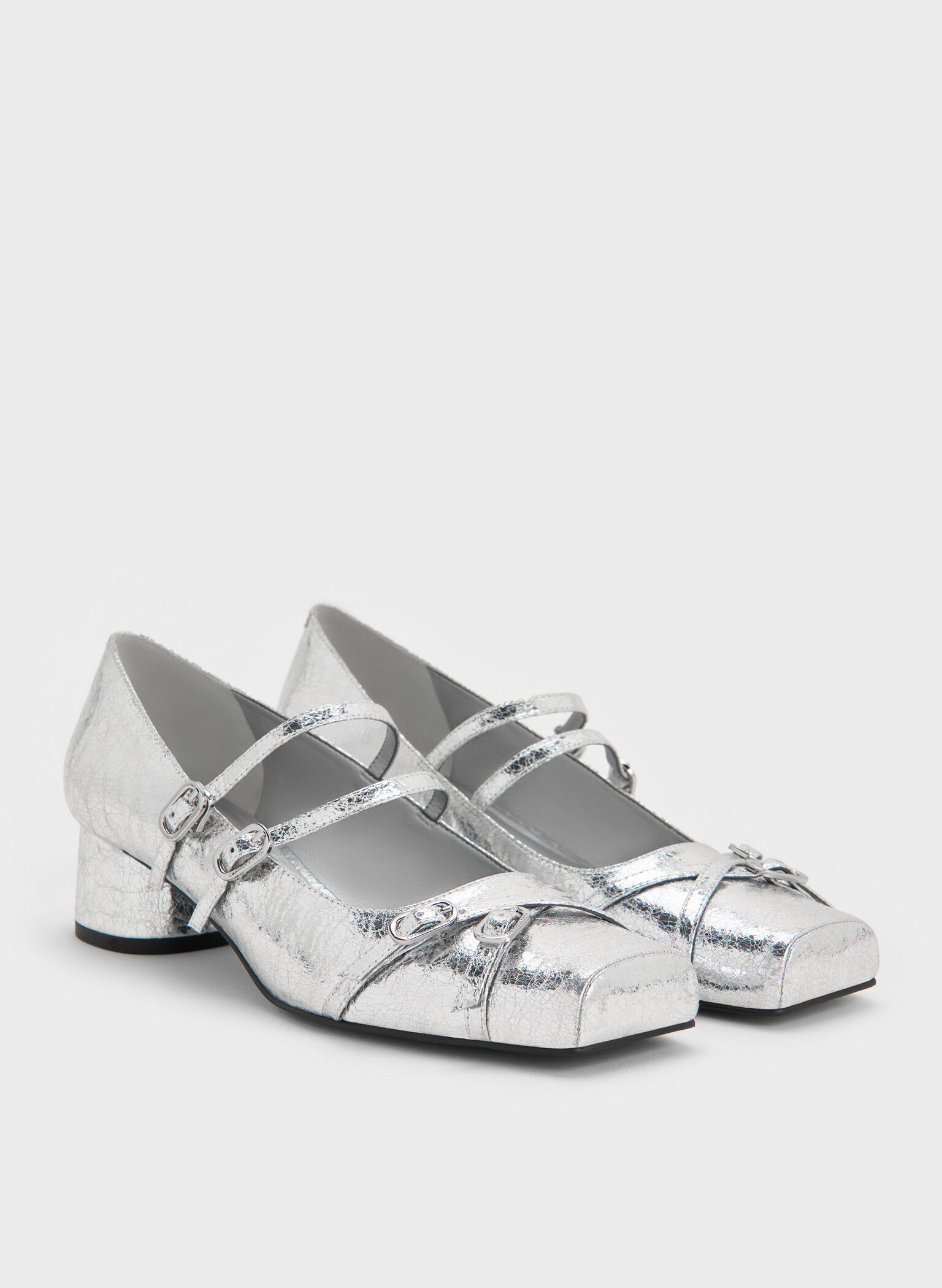 Metallic Crinkle-Effect Double-Strap Mary Jane Pumps, Silver, hi-res